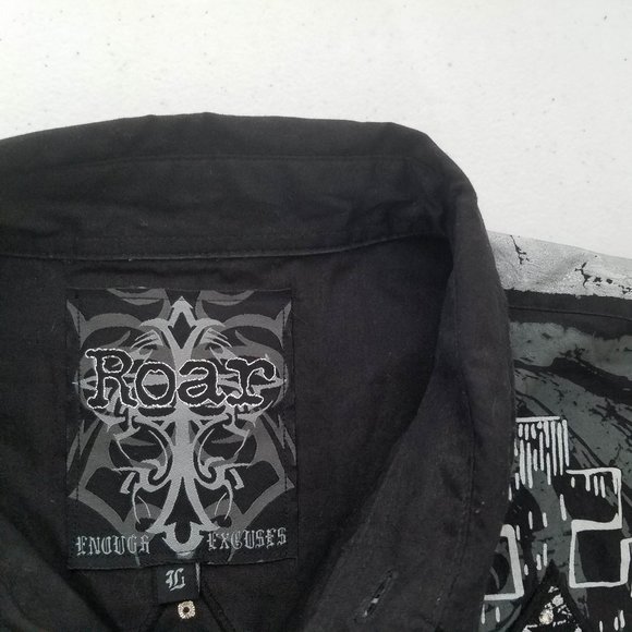 ROAR Embroidered Graphic Print Black Button Front Shirt Mens Size Large - Picture 6 of 6
